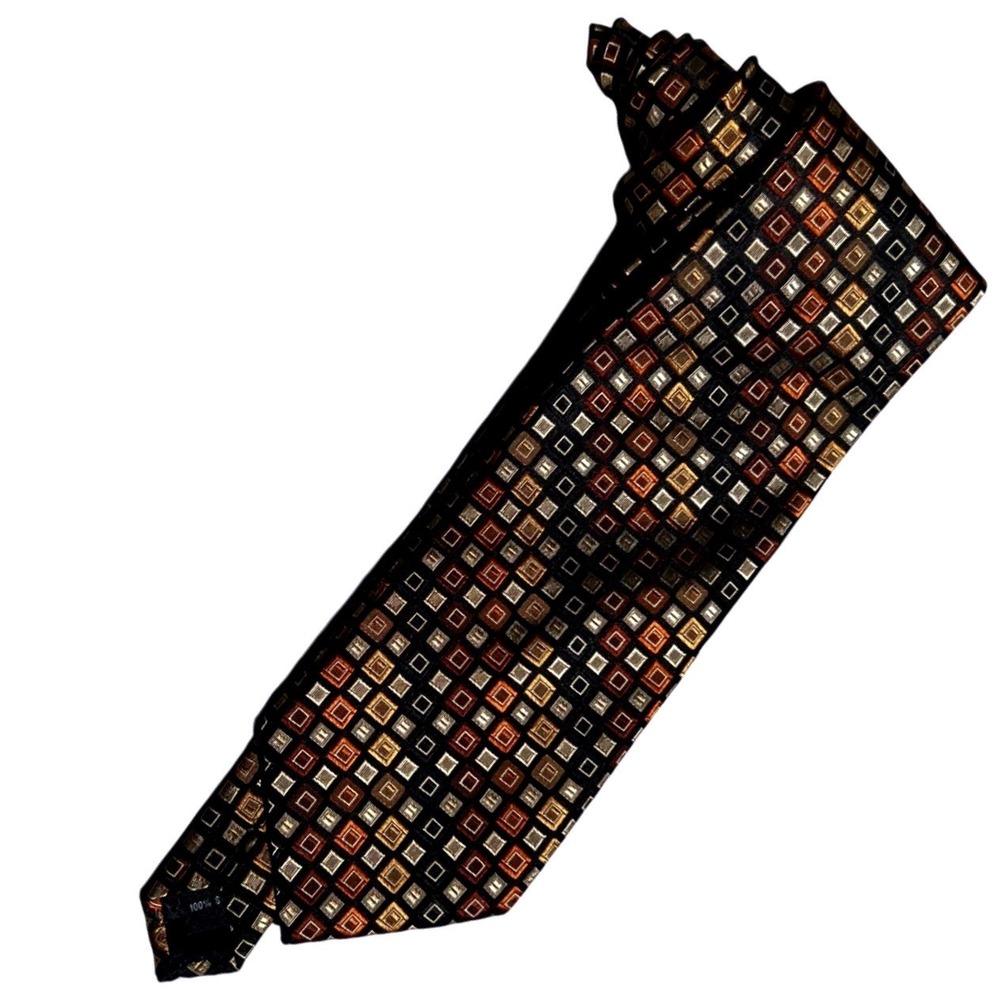 Benedetto Mens Silk Necktie Black Gold Bronze Geometric Square Pattern Silk Tie